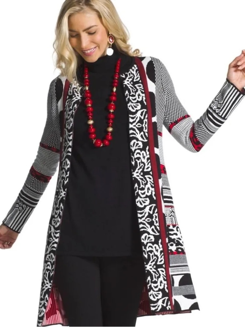 Chicos Size 1 Natasha Red White & Black Sweater